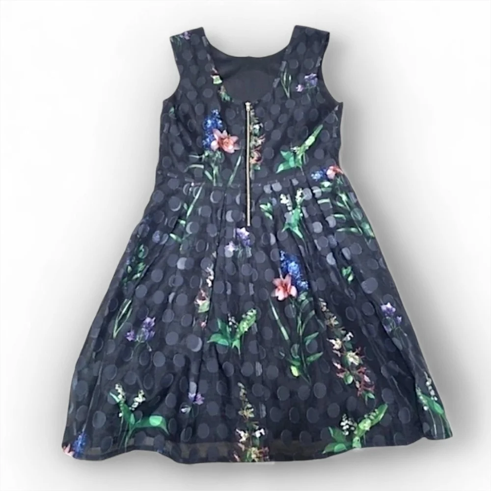 Derhy K Black Polka Dot Floral Sleeveless Party Dress Girls Size Large